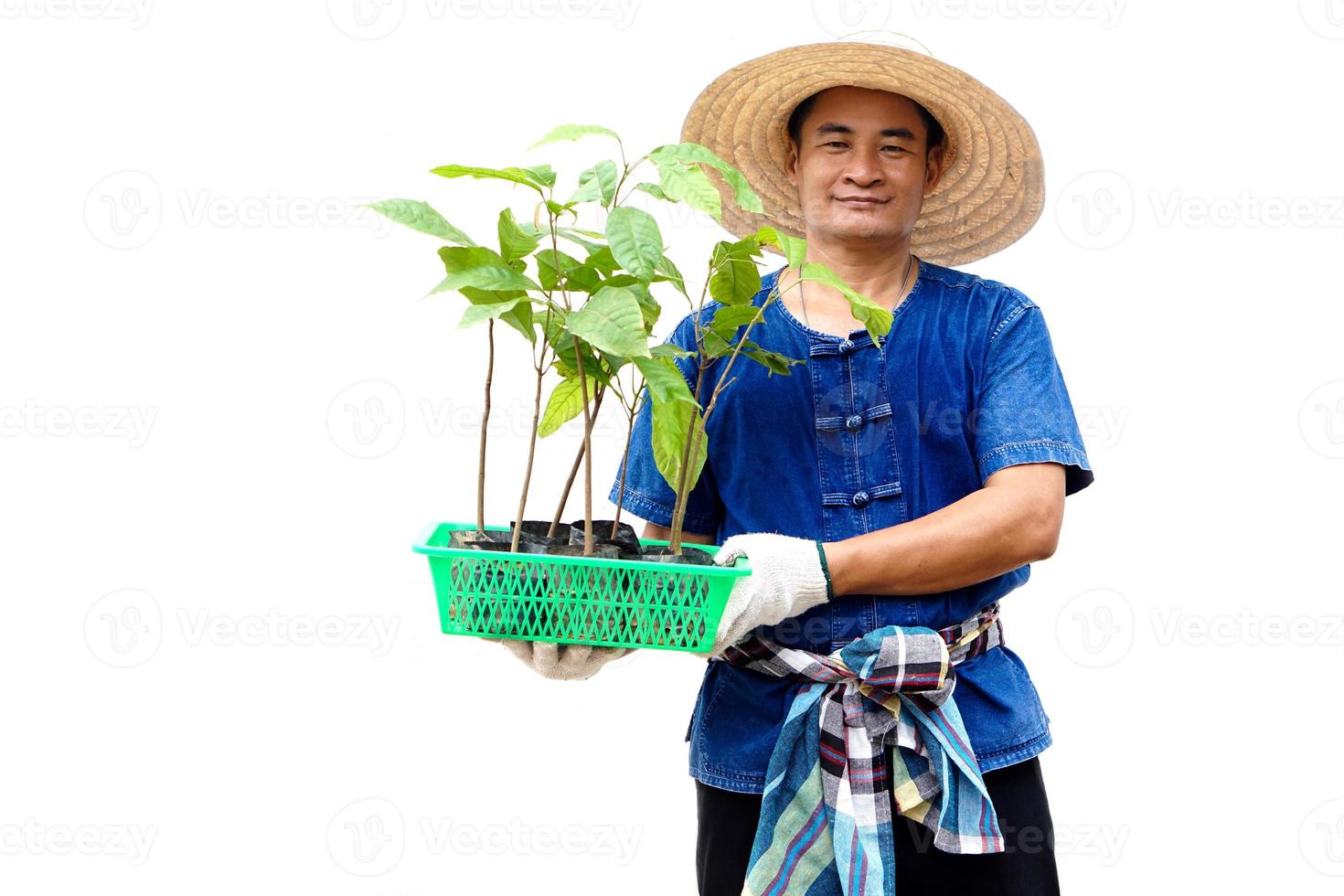 Happy Asian man farmer holds green basket of young plants, prepare to grow in garden. Concept , economic forest plantation. Gardening. Forest  and environment conservation. Go green for the world photo