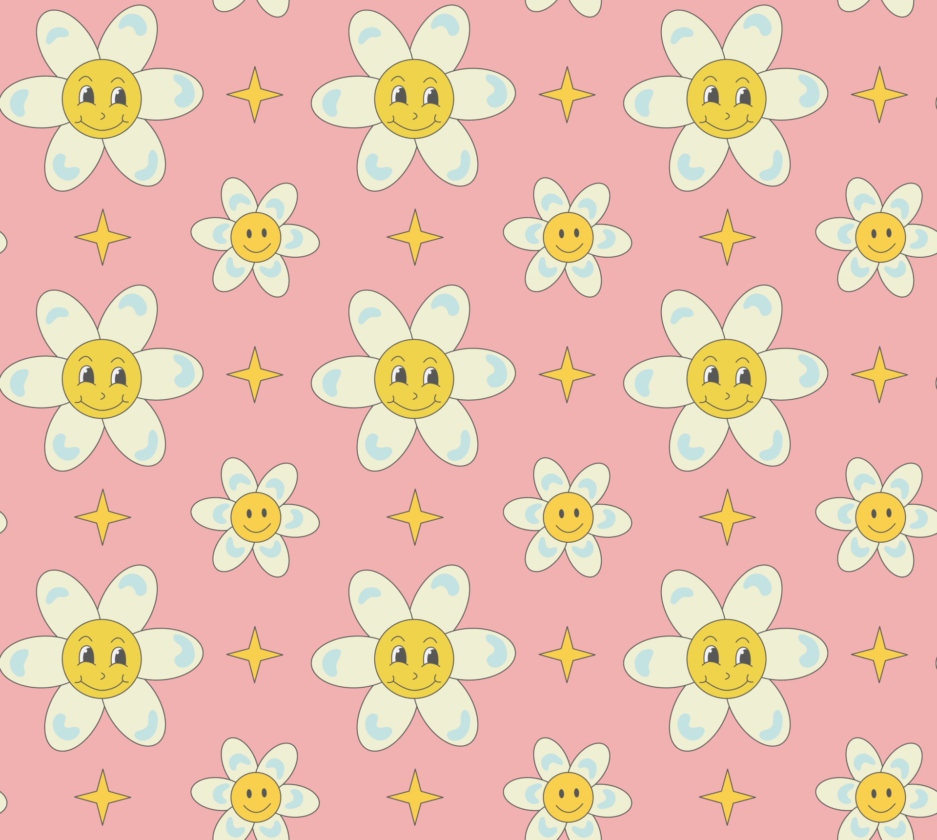 Groovy retro pattern with daisy flower and star in trendy 60s 70