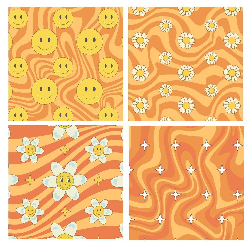 Groovy hippie pattern smile and flower and star on groovy orange background in cartoon hippie style. vector