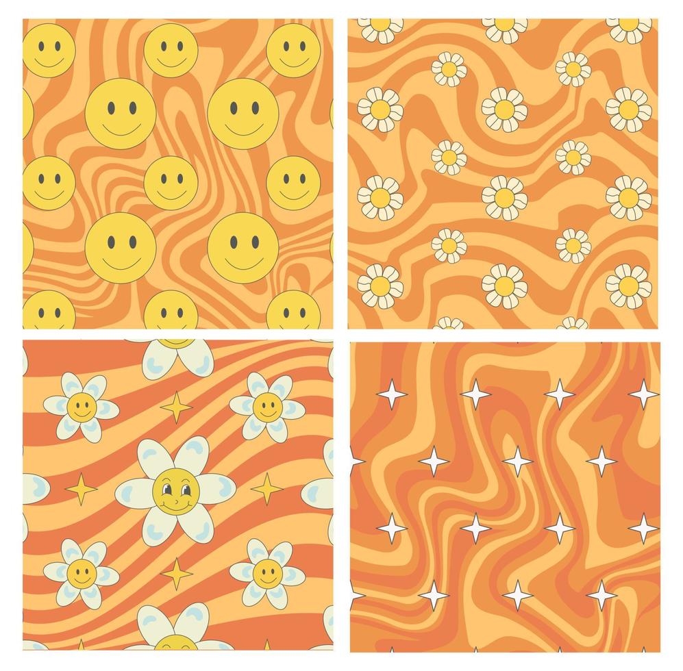 Groovy hippie pattern smile and flower and star on groovy orange background in cartoon hippie style. vector