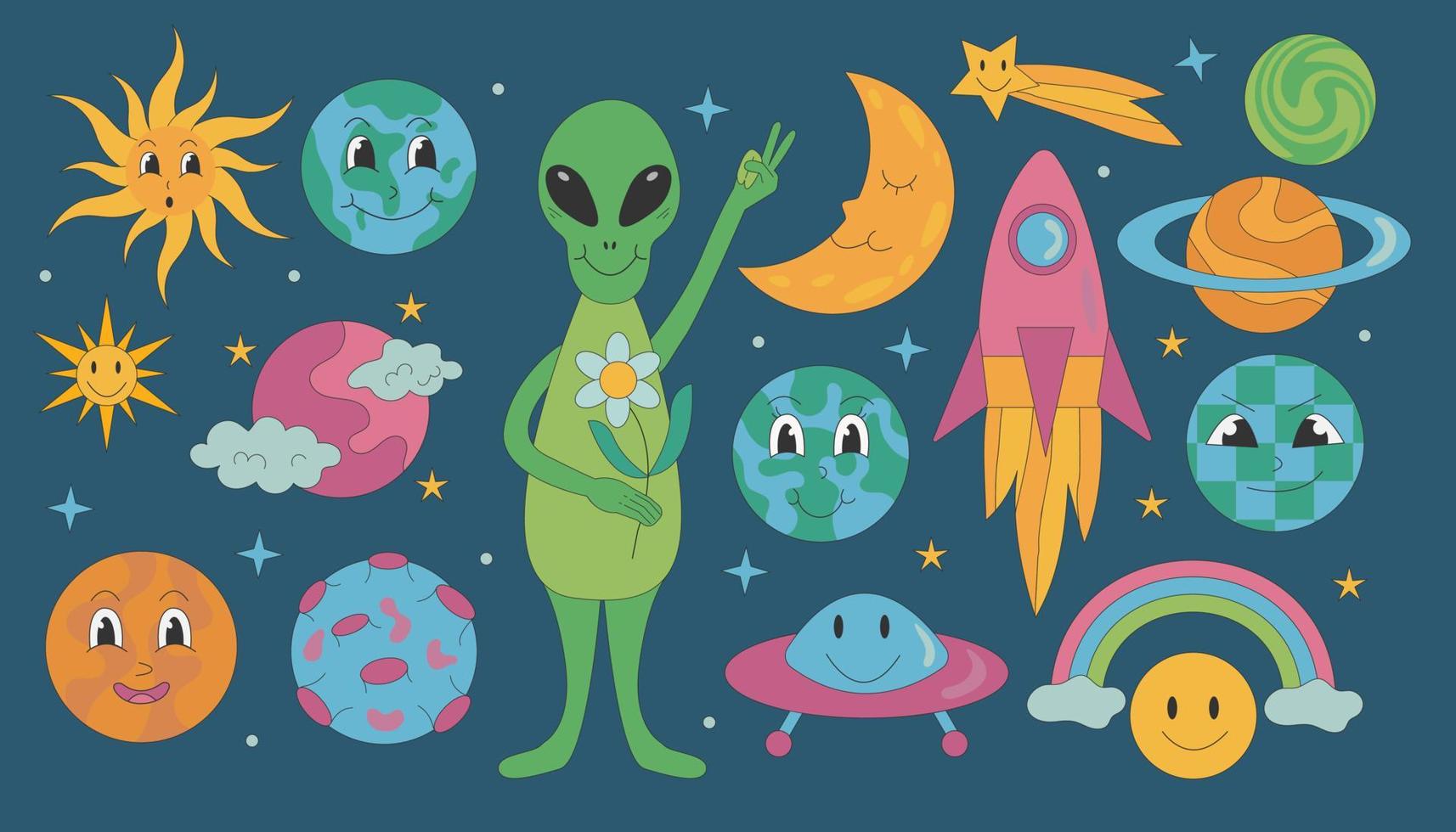 Groovy different planets with character and alien, sun, moon on a dark background in retro style. vector