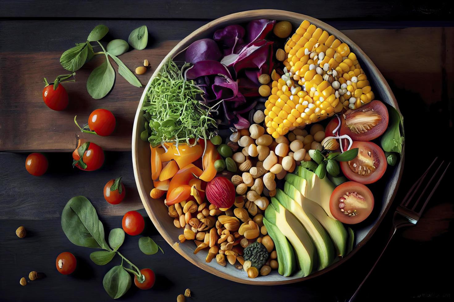 pila de frutas y vegetales en muchos apetitoso colores, Disparo desde arriba, atractivo a dirigir un sano a base de plantas estilo de vida foto