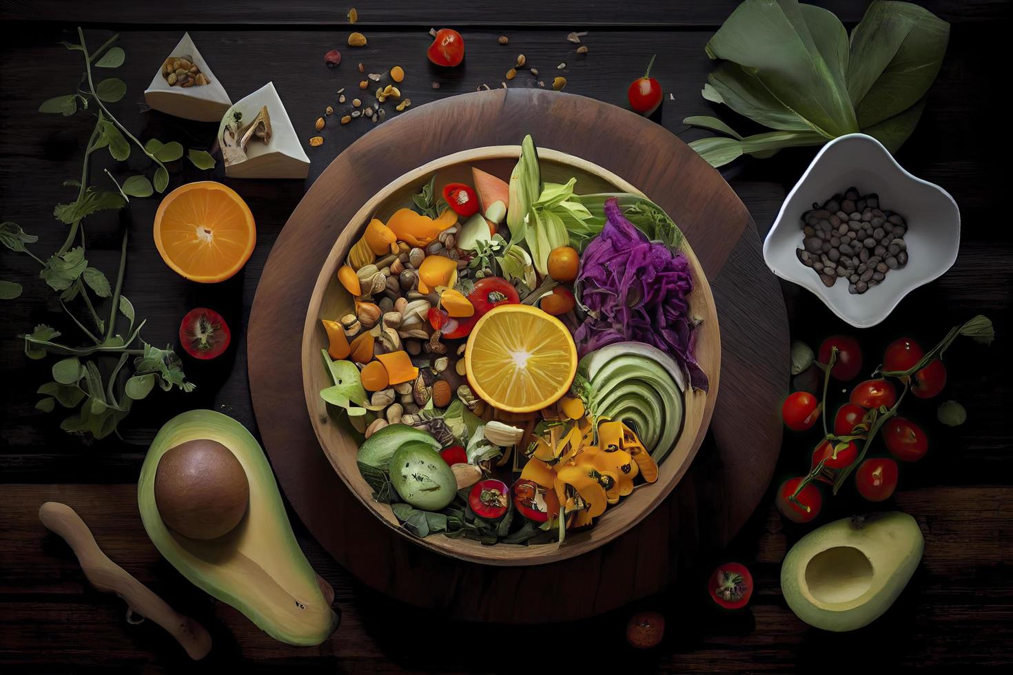 Pile of fruits and vegetables in many appetizing colors, shot from above, inviting to lead a healthy plant-based lifestyle photo