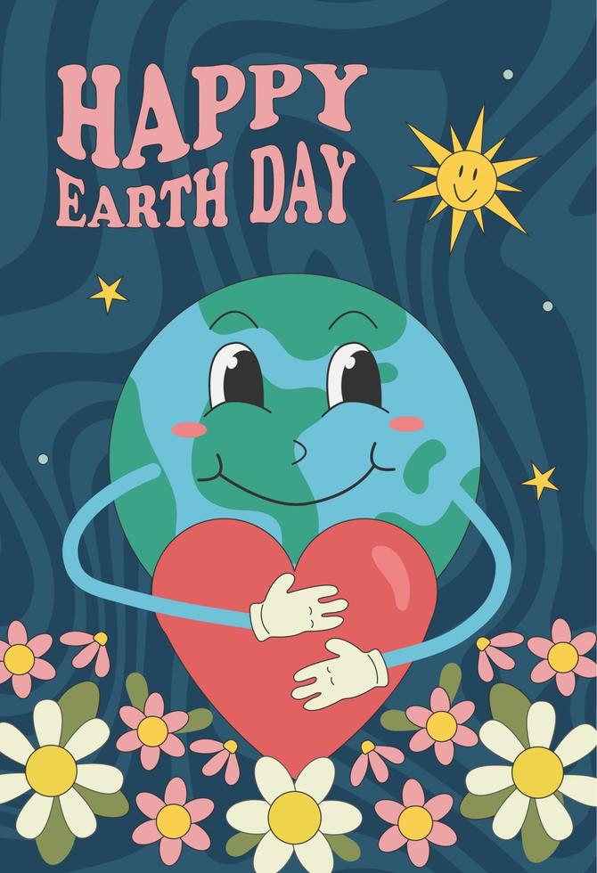 Groovy poster 70s. Retro poster with psychedelic planet earth, heart with character cartoon style. vector