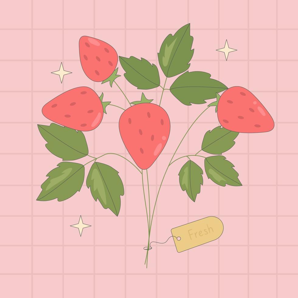 Groovy strawberry bouquet, star, leafs on retro pink background. vector