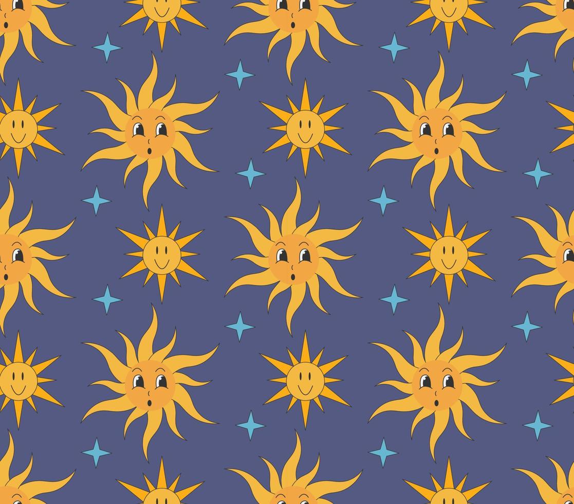 Groovy pattern star and sun ib cartoon hippie style on dark background. vector