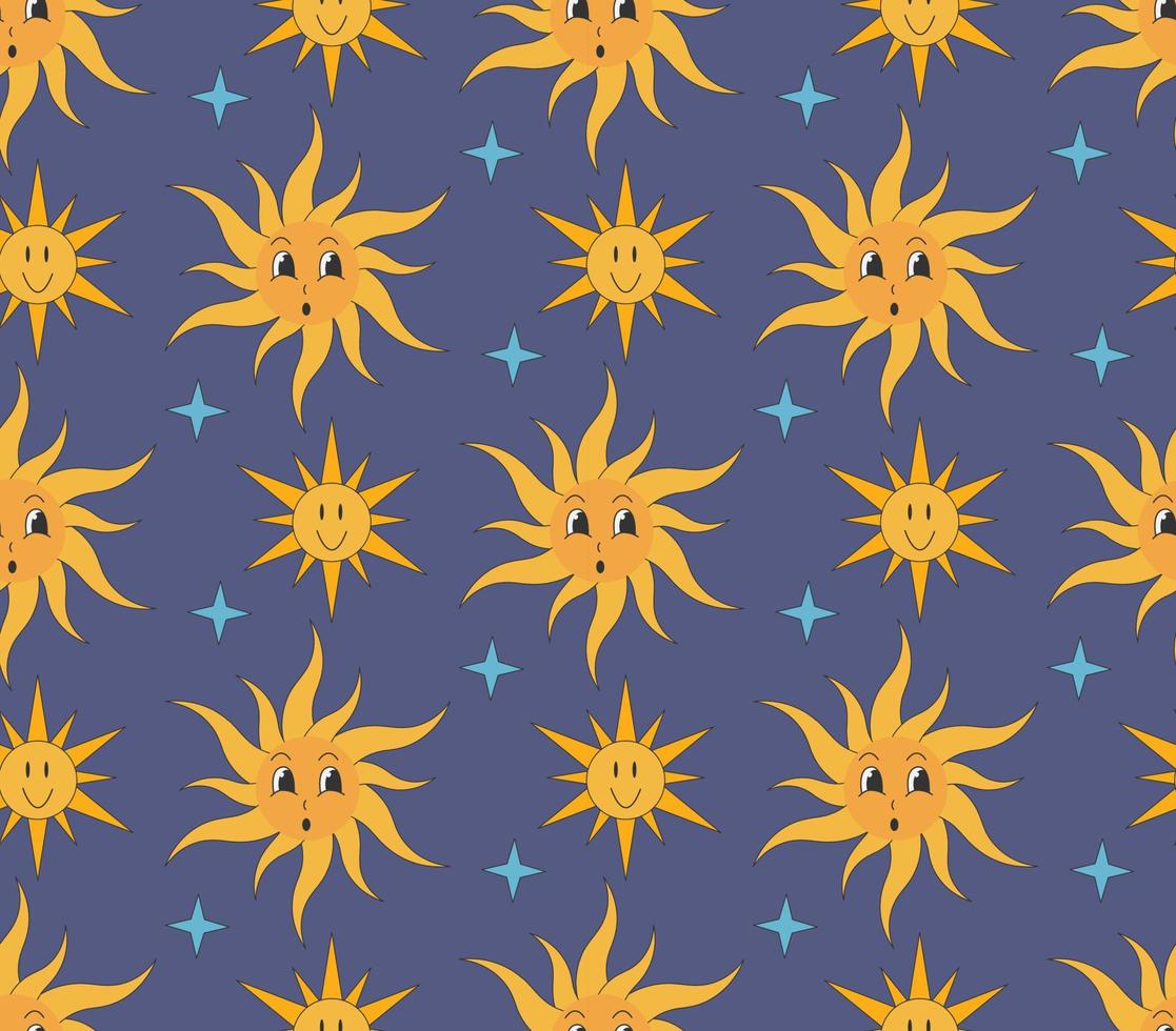 Groovy pattern star and sun ib cartoon hippie style on dark background. vector