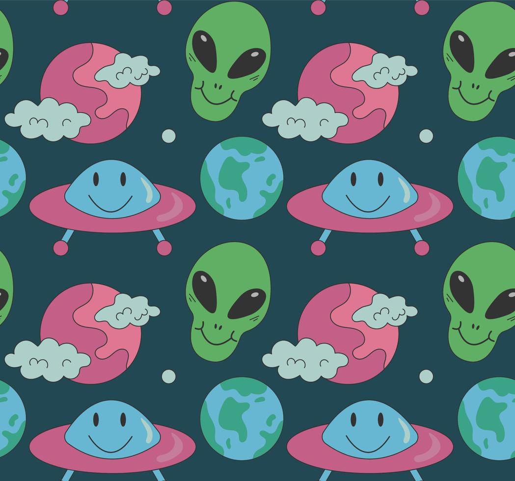 Groovy pattern Alien, ufo, planet in cartoon hippie style on dark background vector