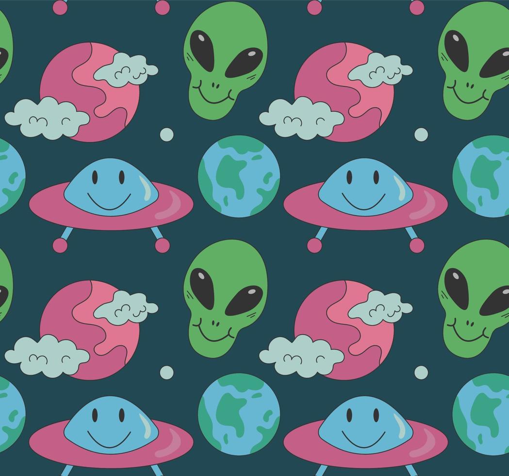 Groovy pattern Alien, ufo, planet in cartoon hippie style on dark background vector