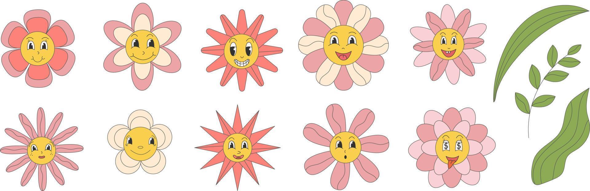 maravilloso margarita flores con dibujos animados gracioso sonriente caras, manzanilla caracteres. linda manzanilla contento emoción. ilustración de sonrisa floral flor, floración manzanilla vector