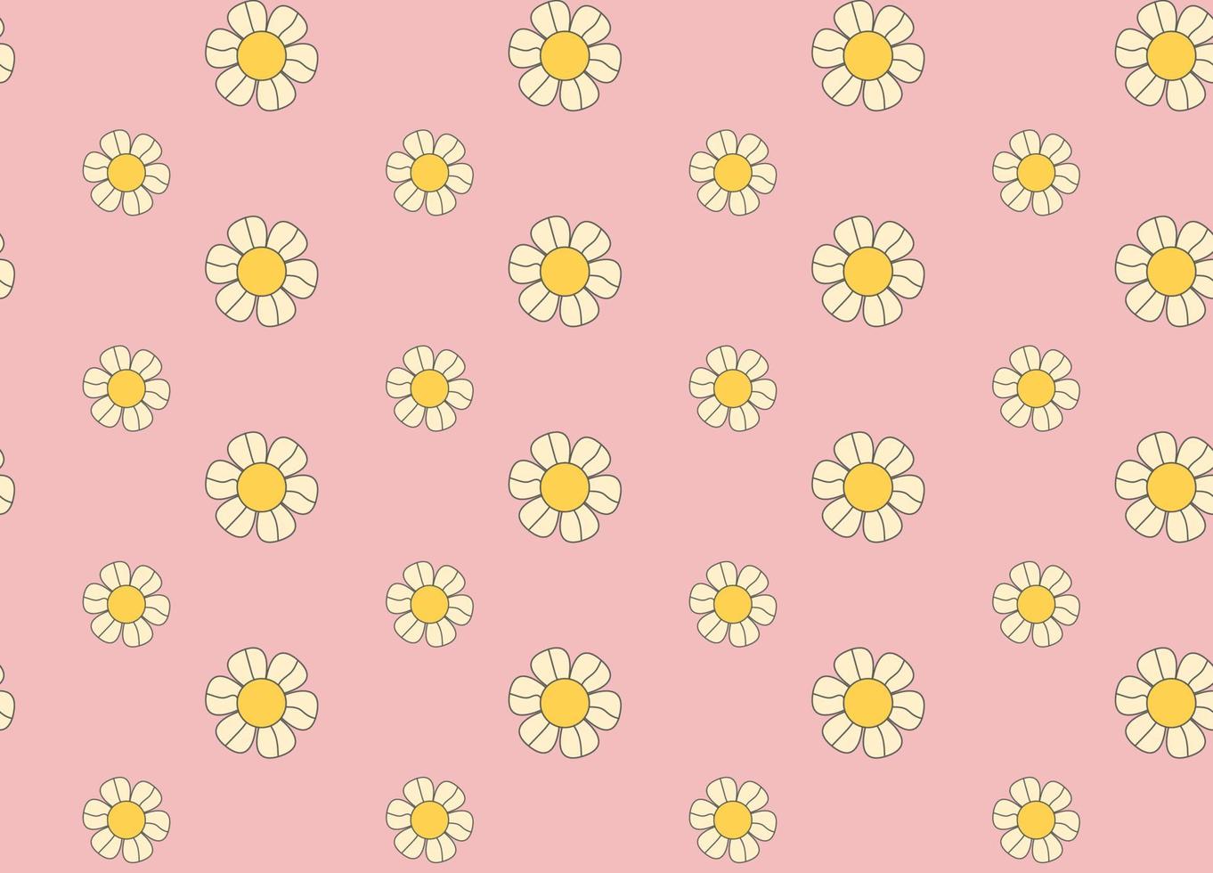 Floral pattern groovy daisy flowers on pink background. vector