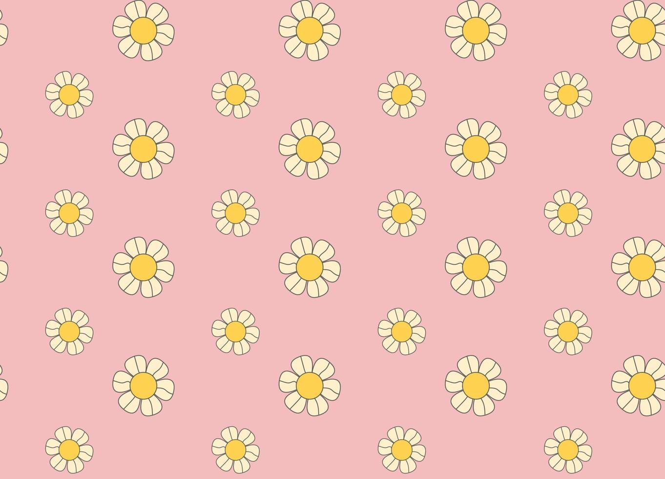 Floral pattern groovy daisy flowers on pink background. vector