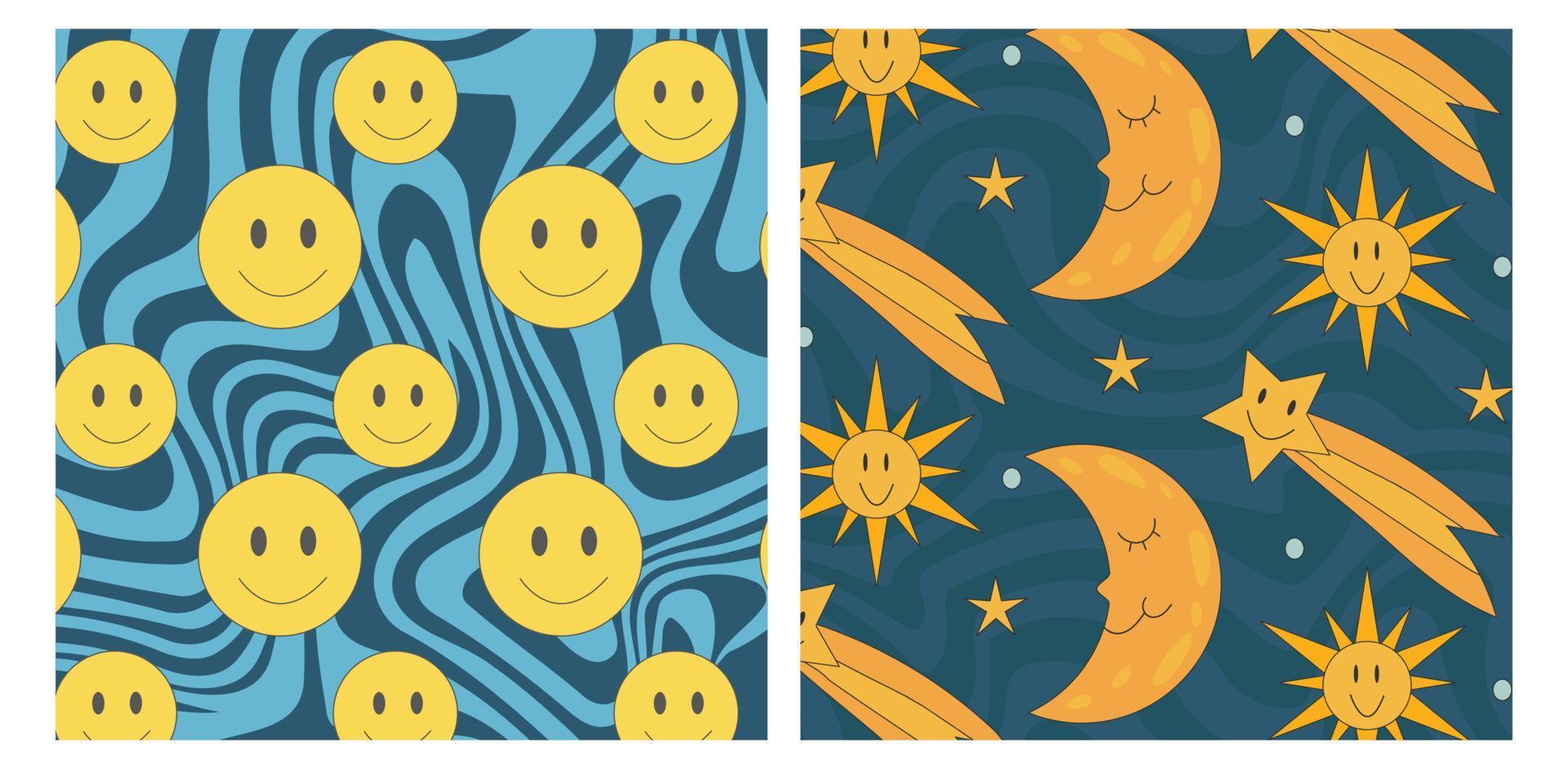Groovy pattern smile, cosmos with stars and moon on hippie wave background. vector