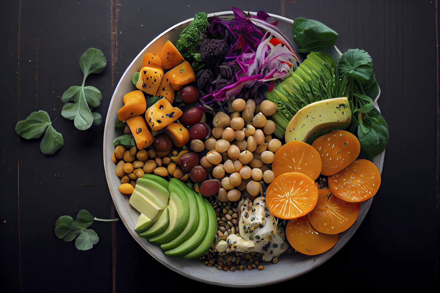 Pile of fruits and vegetables in many appetizing colors, shot from above, inviting to lead a healthy plant-based lifestyle photo