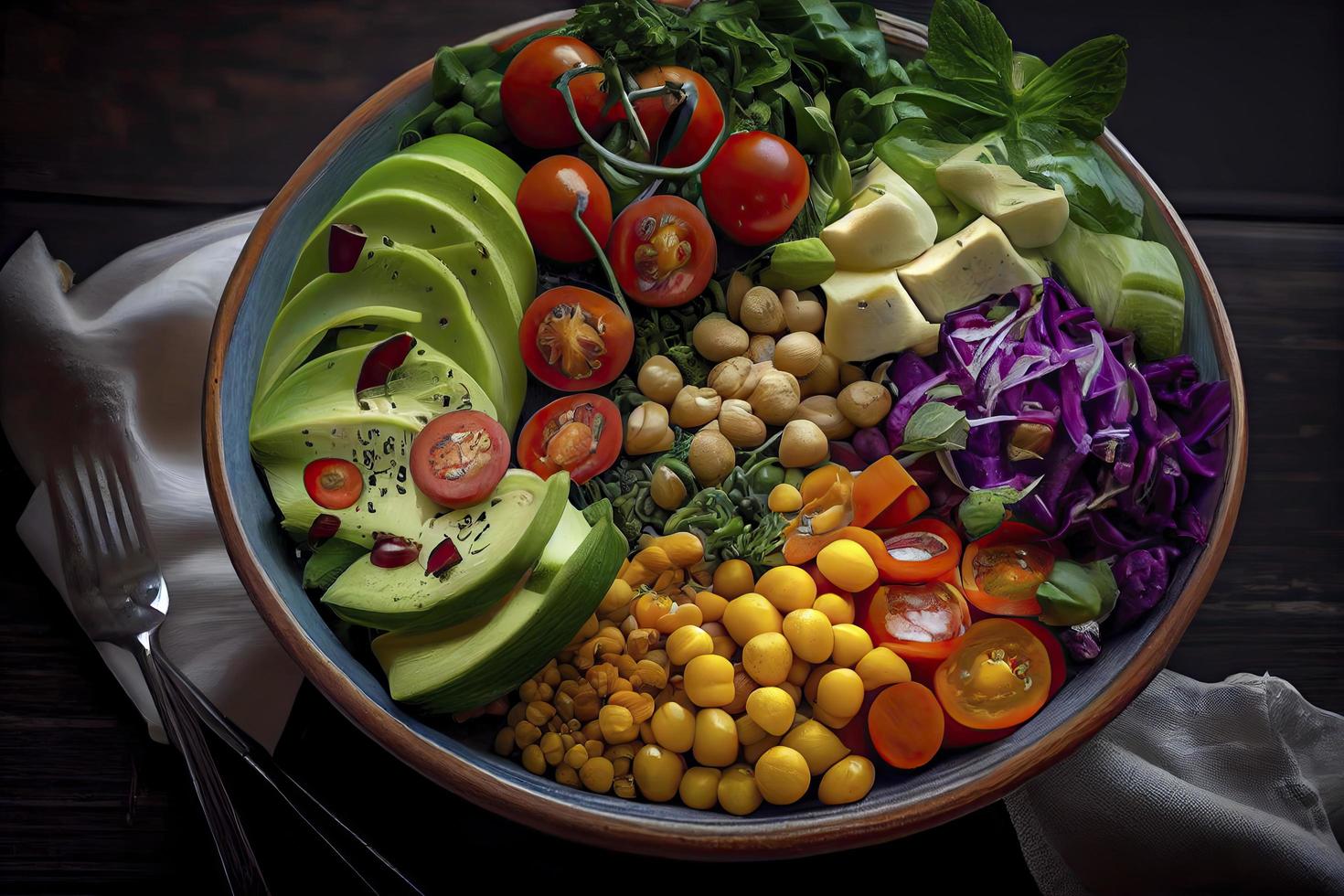 Pile of fruits and vegetables in many appetizing colors, shot from above, inviting to lead a healthy plant-based lifestyle photo