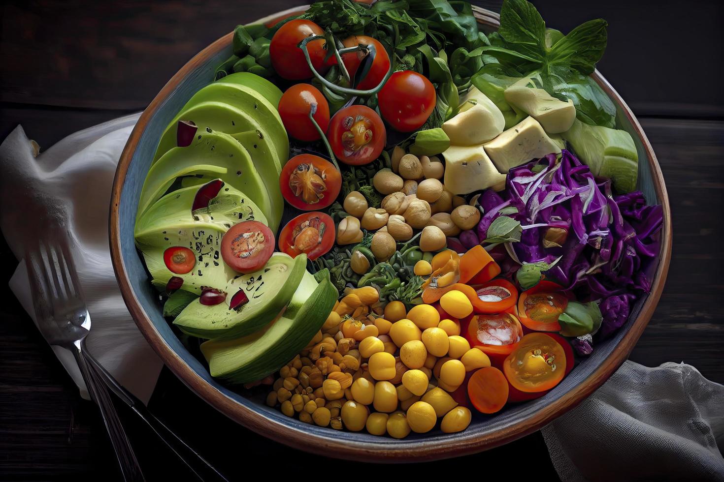 pila de frutas y vegetales en muchos apetitoso colores, Disparo desde arriba, atractivo a dirigir un sano a base de plantas estilo de vida foto