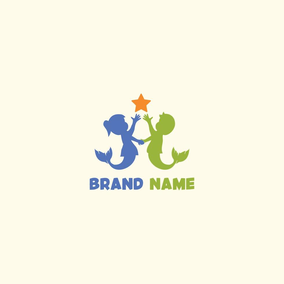Mermaid kids logo holding hands and trying to reach for the star vector