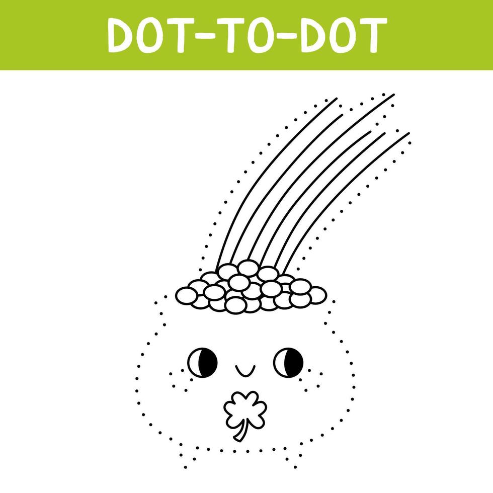 Connect the dots and draw cute pot with gold coins. St. Patrick's Day coloring book. Printable worksheet with solution for school and preschool. Educational game for kids. Vector cartoon illustration.
