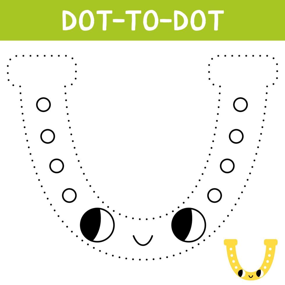 Connect the dots and draw cute gold horseshoe. St. Patrick's Day coloring book. Printable worksheet with solution for school and preschool. Educational game for kids. Vector cartoon illustration.