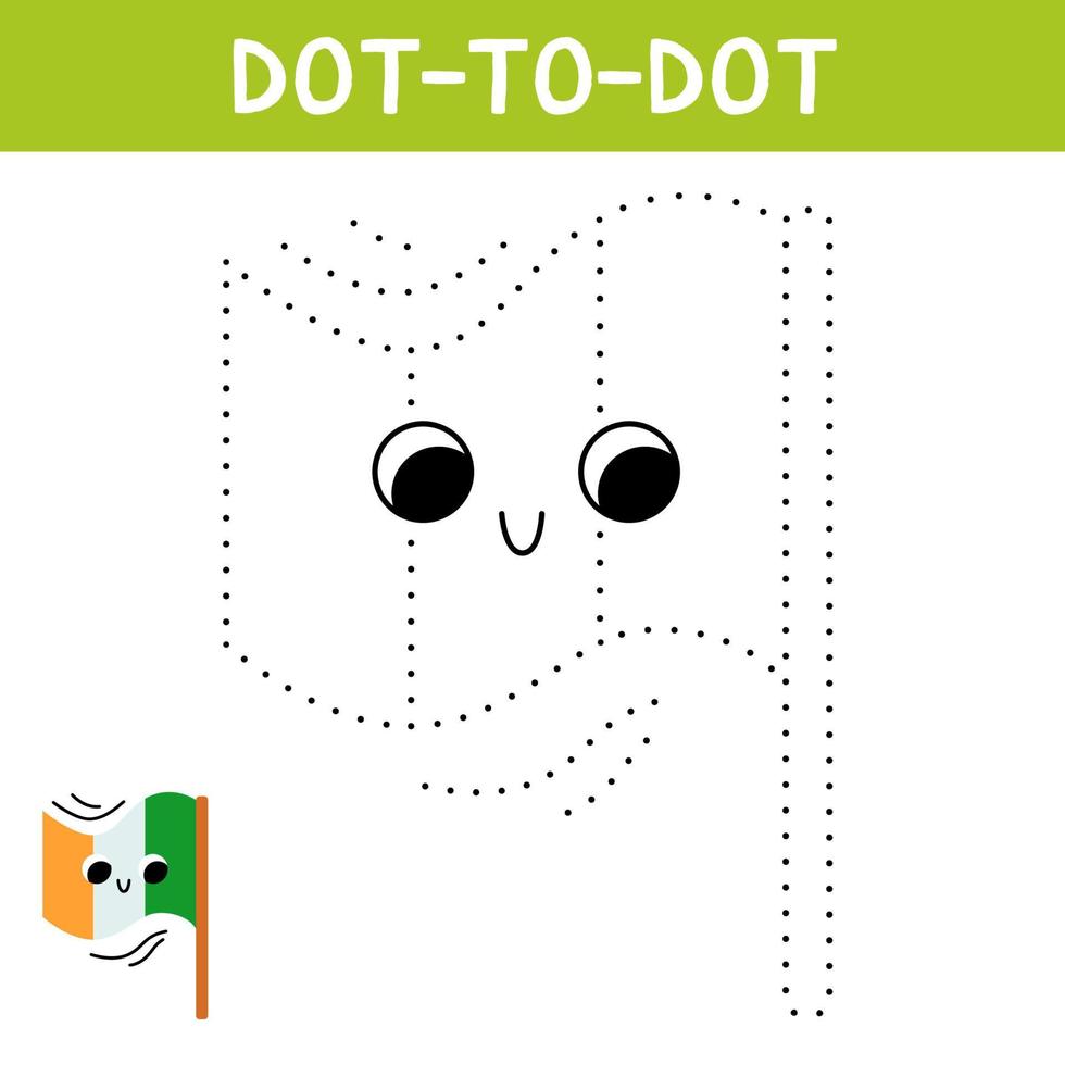 Connect the dots and draw cute irish flag. St. Patrick's Day coloring book. Printable worksheet with solution for school and preschool. Educational game for kids. Vector cartoon illustration.