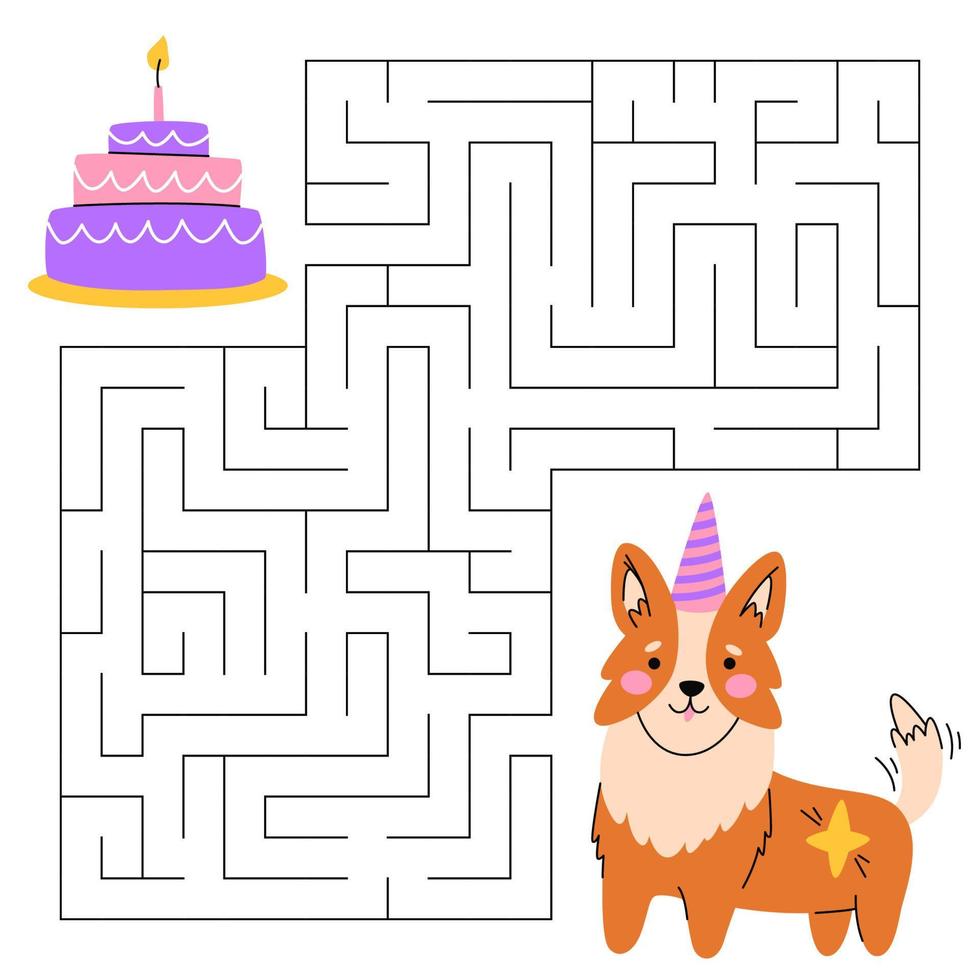 Maze game for kids. Cute corgi looking for a way to the cake. Happy little puppy. Kawaii dog. Printable worksheet. Vector cartoon illustration for birthday.