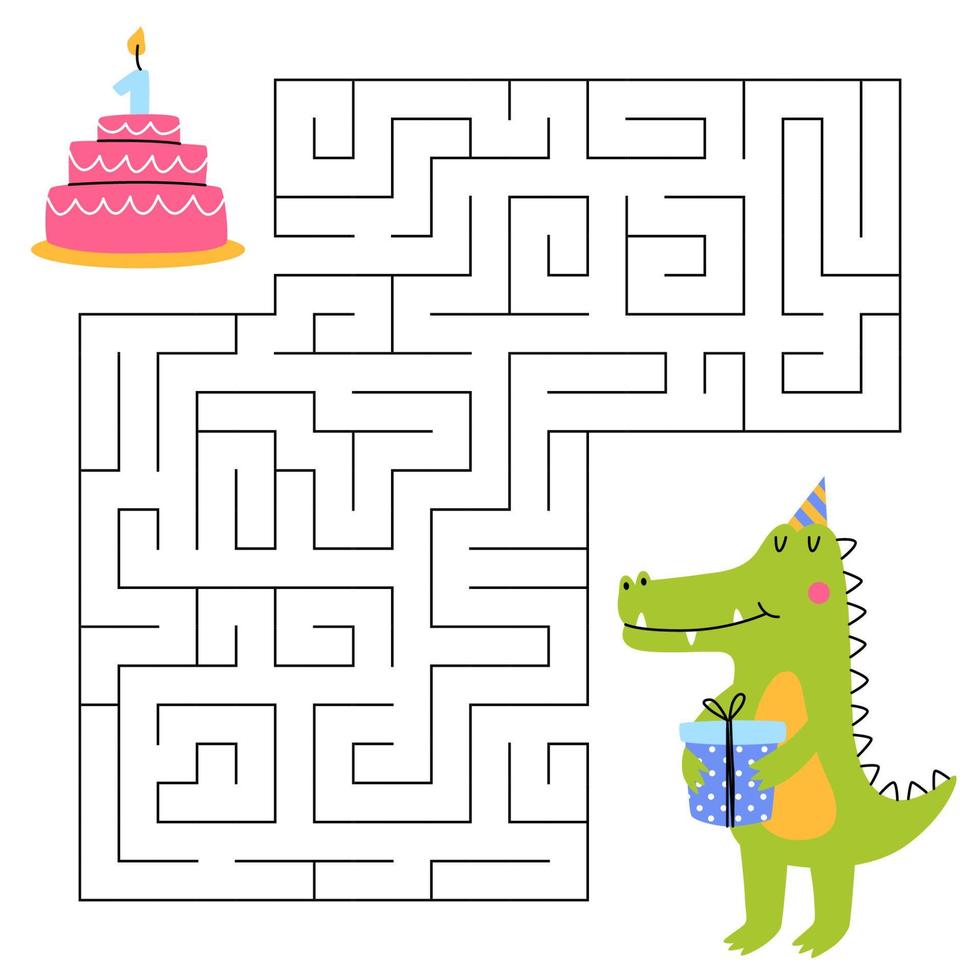 Maze game for kids. Fun crocodile looking for a way to the cake. Cute animal with cake. Printable worksheet. Vector cartoon illustration for birthday.