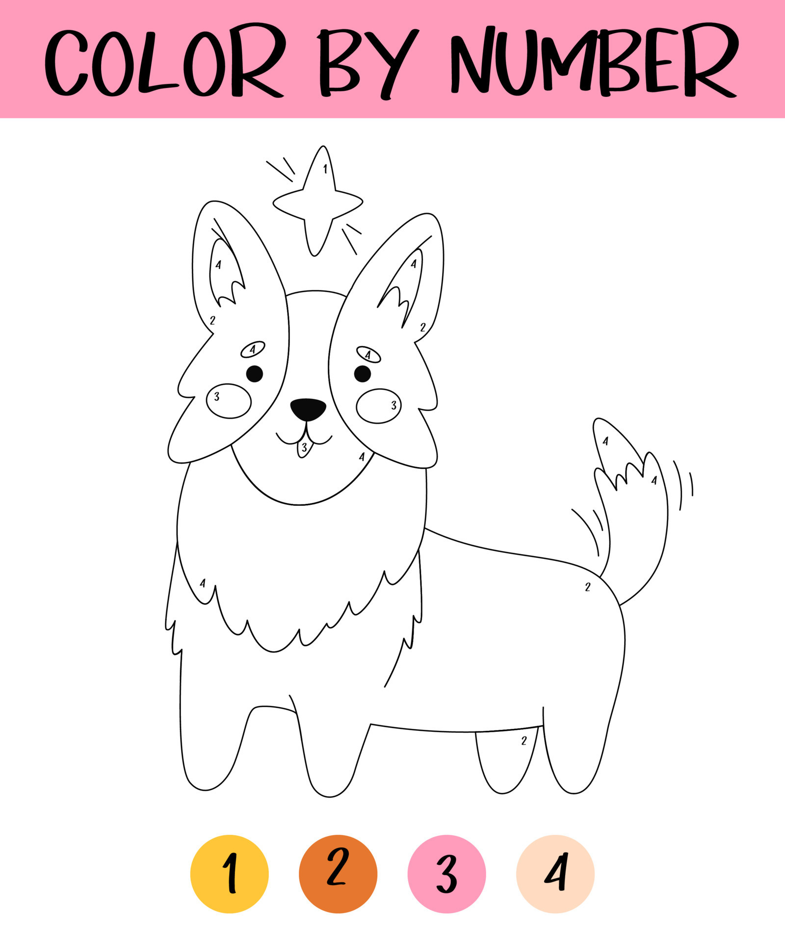 Color by number game for kids Cute corgi with star Happy little puppy