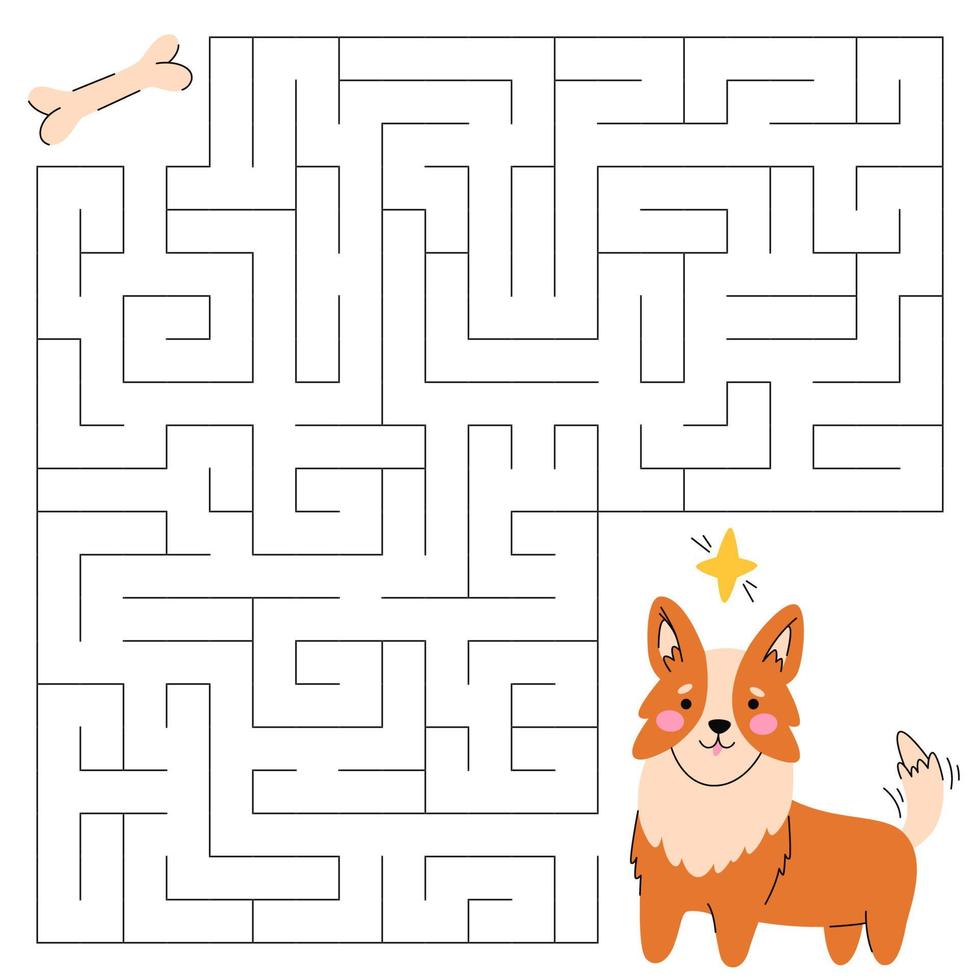 Maze game for kids. Cute corgi looking for a way to the bone. Happy little puppy. Kawaii dog. Printable worksheet. Vector cartoon illustration for birthday.