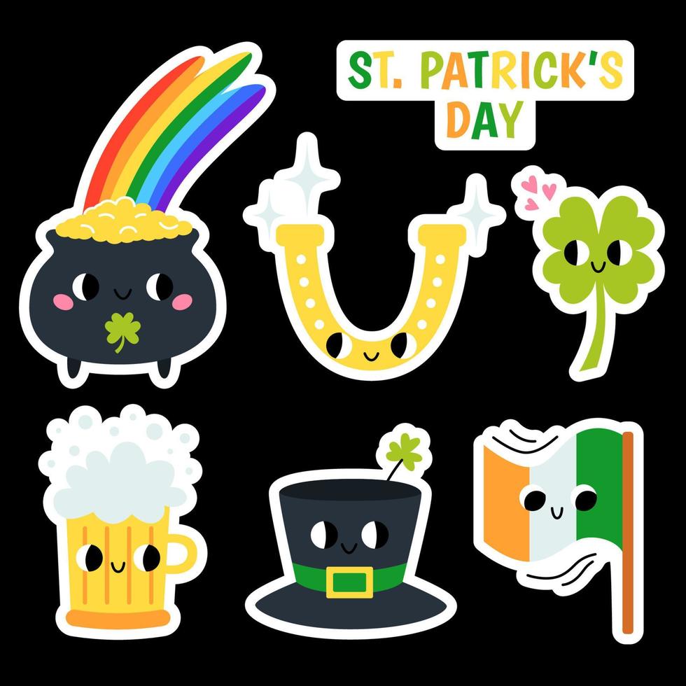 St. Patrick's Day stickers set. Cute groovy retro clipart elements. 70s, 80s, 90s cartoon style. Vector cartoon illustration.