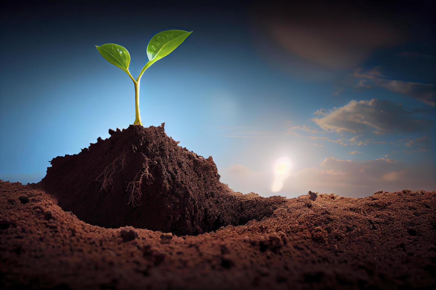 planta brote planta de semillero creciente fuera desde fértil marrón suelo en un azul cielo horizonte paisaje ambiental foto