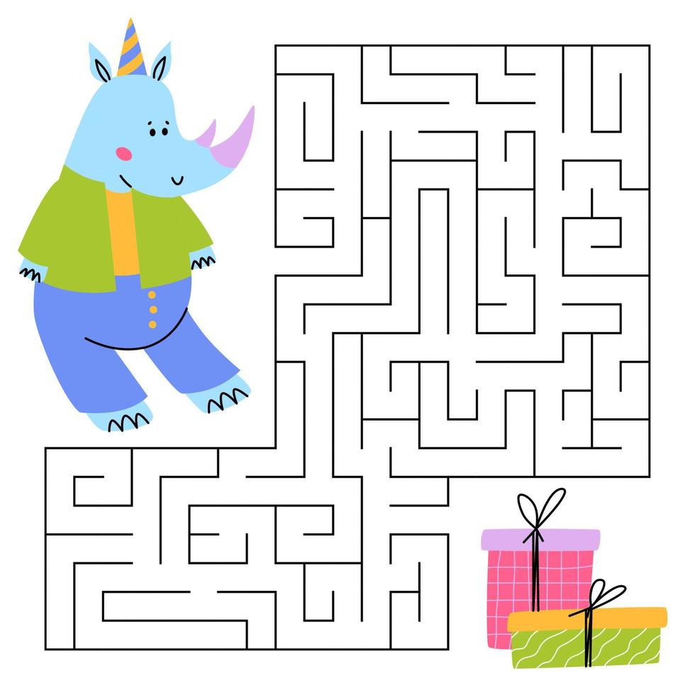 Maze game for kids. Fun rhinoceros looking for a way to the gift box. Cute rhino. Printable worksheet. Vector cartoon illustration for birthday.