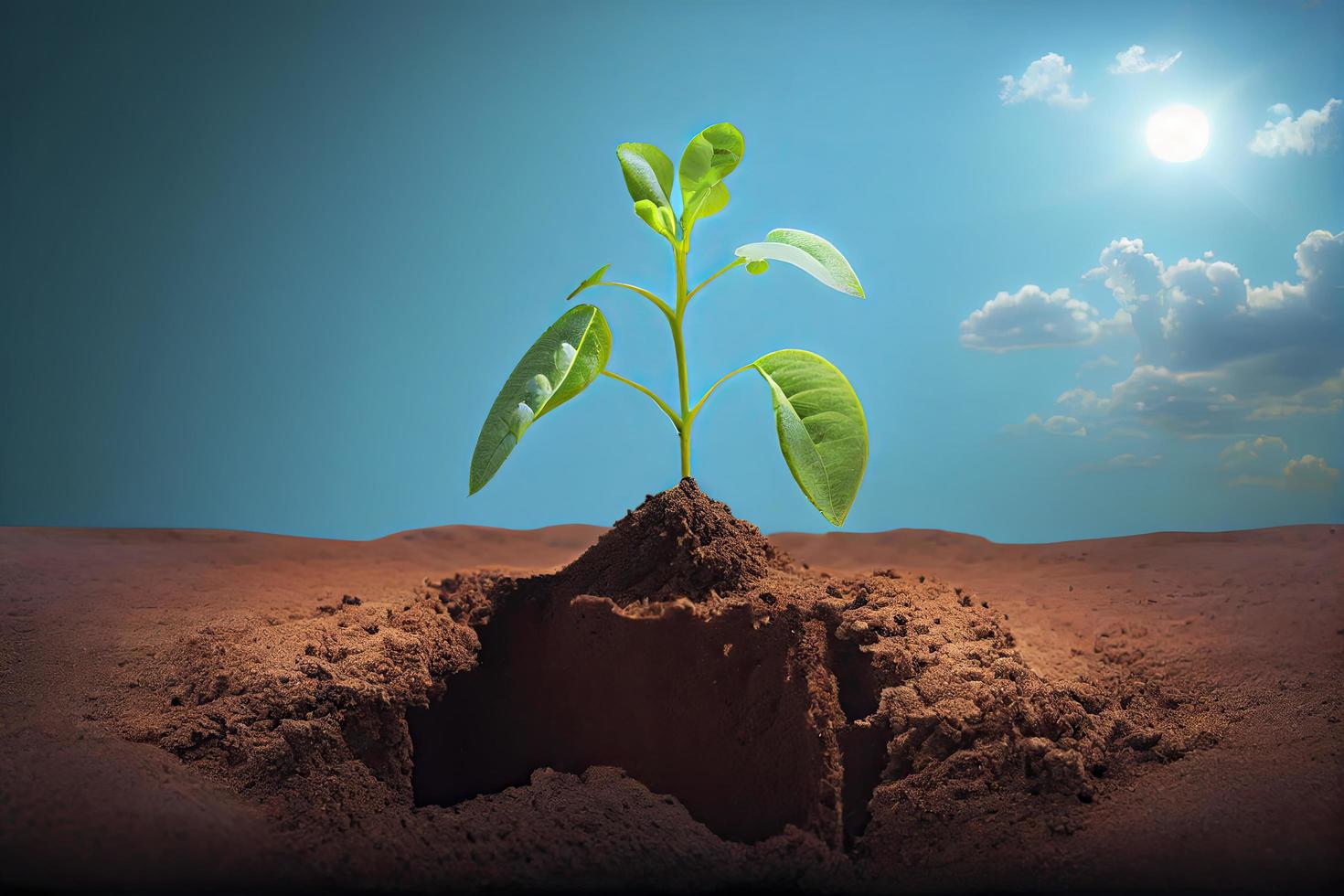 Plant sprout seedling growing out from fertile brown soil on a blue sky horizon landscape environmental photo