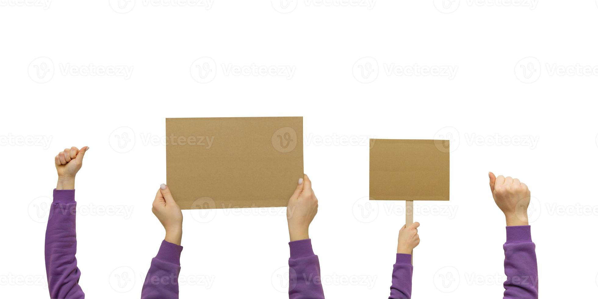 Woman's hand holding blank banner mock up on wood stick isolated. Empty board plank with space for shouting text rule or protest word. photo