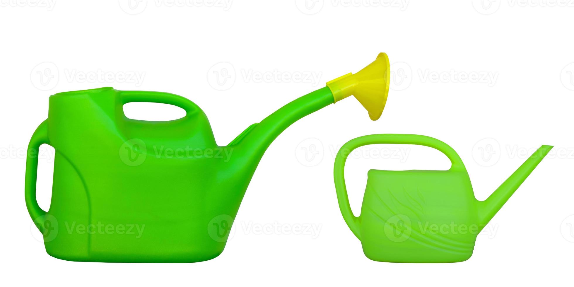 watering big and little can green and yellow for flowers on white isolated background photo