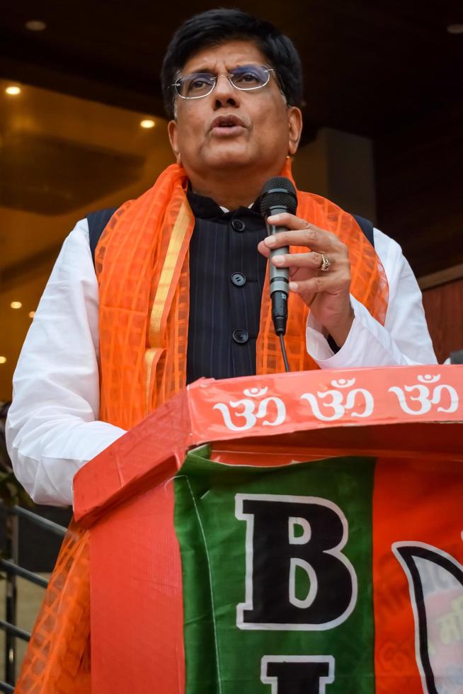 New Delhi, India  - November 27 2022 - Piyush Goyal Cabinet Minister and core member of Bharatiya Janata Party BJP during a rally in support of BJP candidate ahead of MCD local body Elections 2022 photo