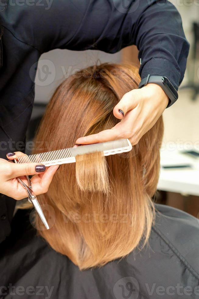 Hairdresser cuts hair to young woman photo