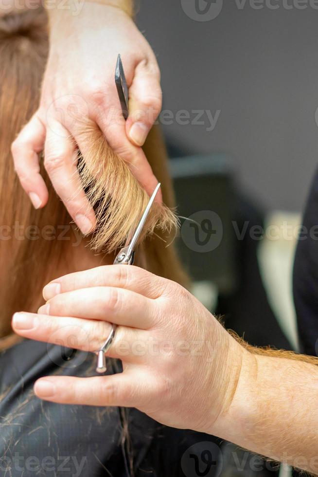 Hairdresser cuts hair to young woman photo