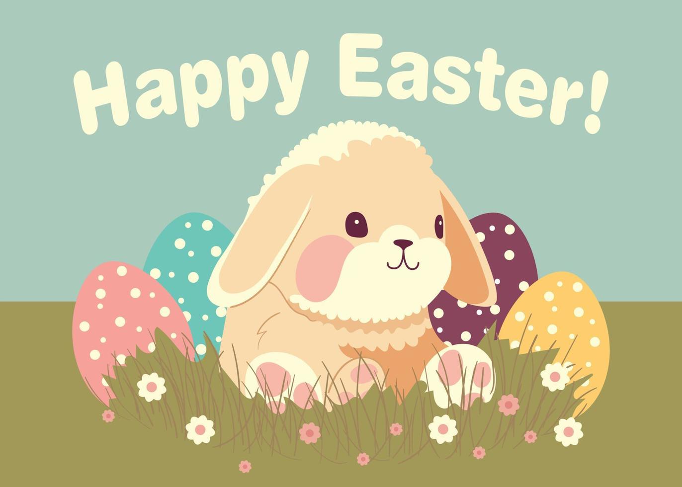 Easter rabbit with eggs jentle vector illustration in pastel colors. Fluffy funny bunny.