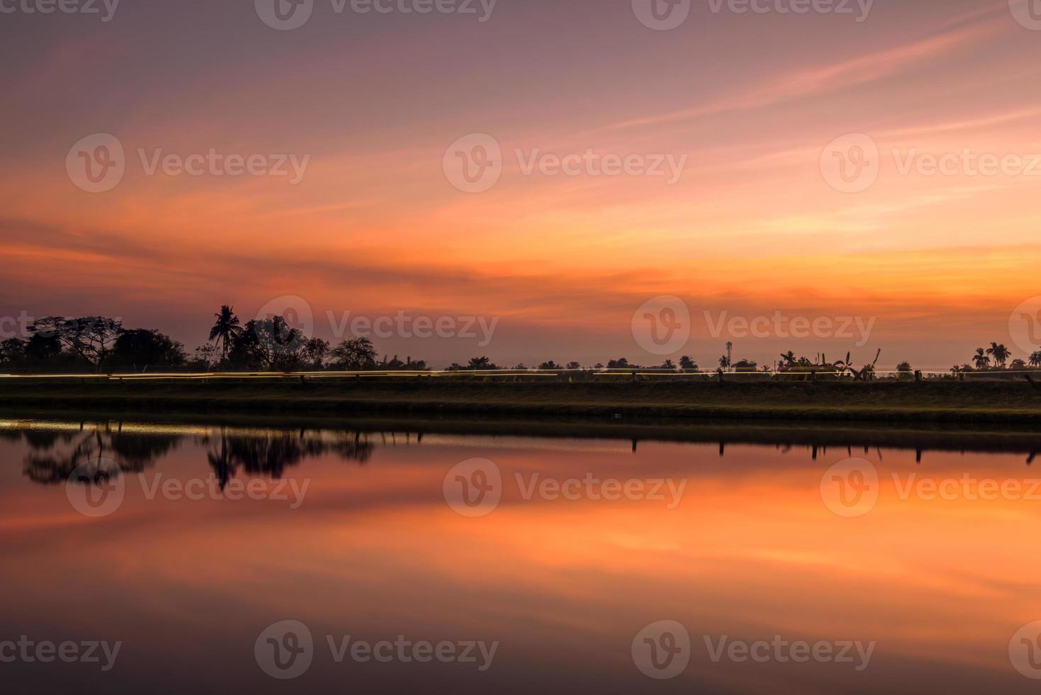 Trees by the canal at sunset, water reflection photo