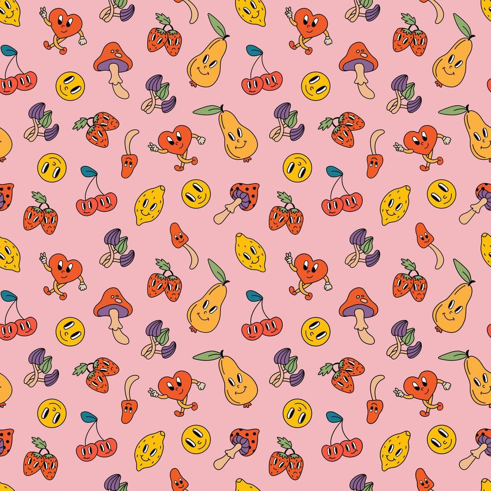 Seamless pattern in retro style. Pears, lemons, strawberries, cherries, mushrooms, hearts. Design for fabric, textile, wallpaper, packaging. vector