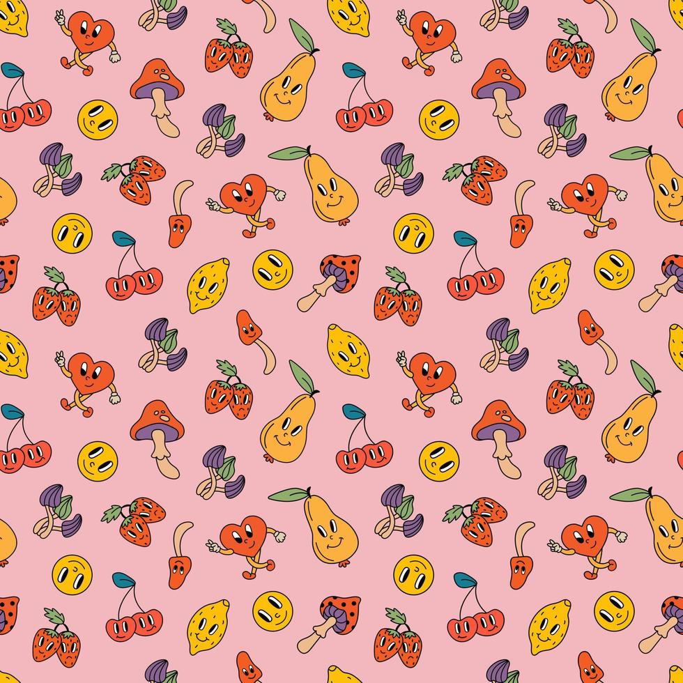 Seamless pattern in retro style. Pears, lemons, strawberries, cherries, mushrooms, hearts. Design for fabric, textile, wallpaper, packaging. vector