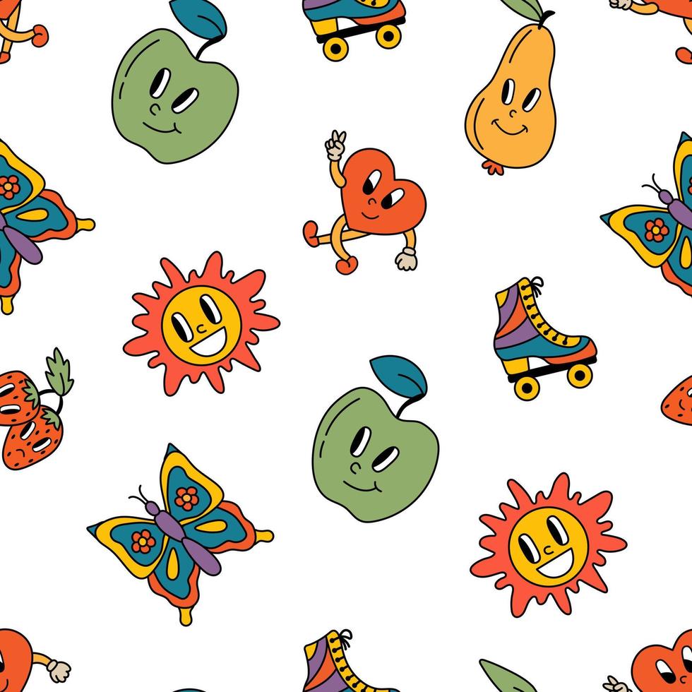 Retro seamless patterns, groovy hippie backgrounds. Cartoon funky print with pears, apples, butterflies, hearts, sun, rollers pattern. vector