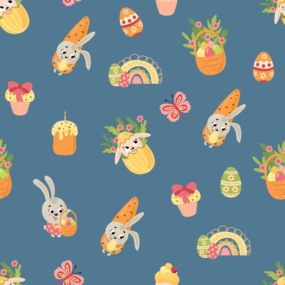 Easter seamless pattern. Rabbits, eggs, flowers. Design for fabric, textile, wallpaper, packaging. vector