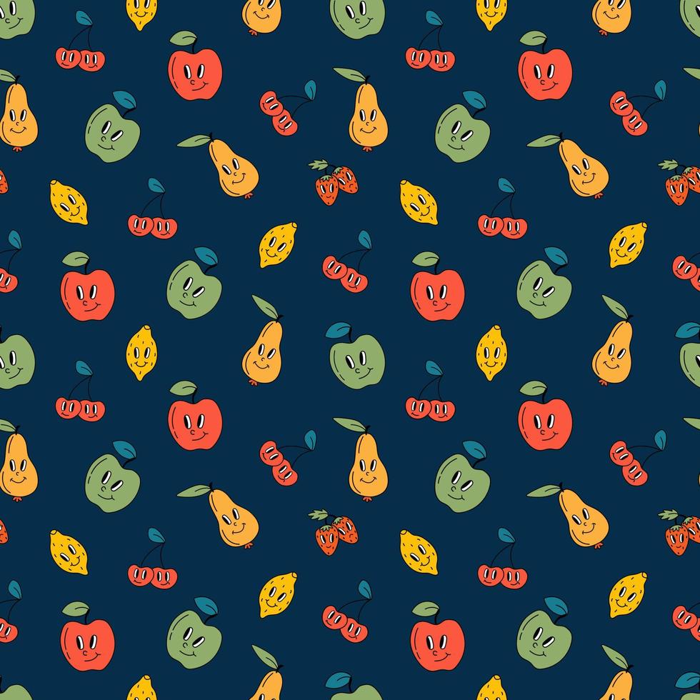 Seamless retro pattern with apples, pears, cherries, lemons and strawberries. Endless patterns for your design. vector
