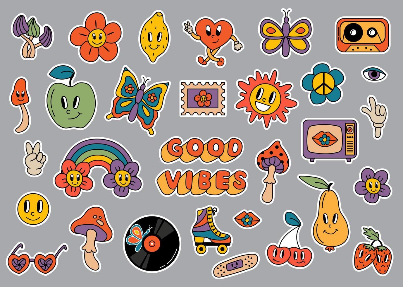 Set of retro stickers. 70s, hippie, retro TV, record, audio cassette, cherry, lemon, roller skates vector