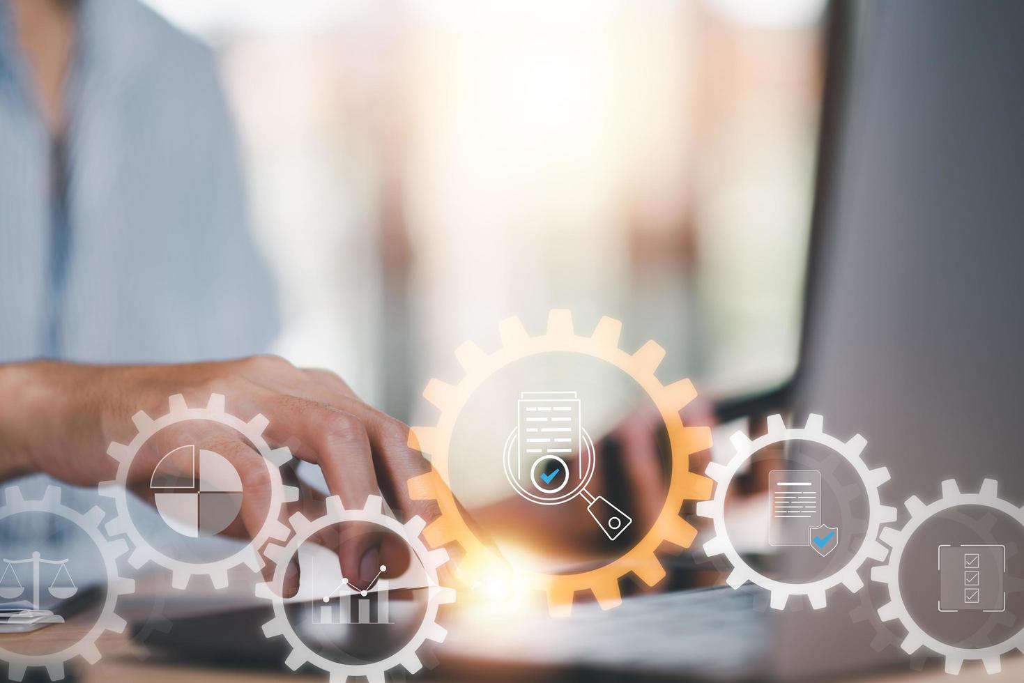 accountant Audit documents, quality assessment management With a checklist, business document evaluation process, market data report analysis and consulting, plan review process and assess correctness photo