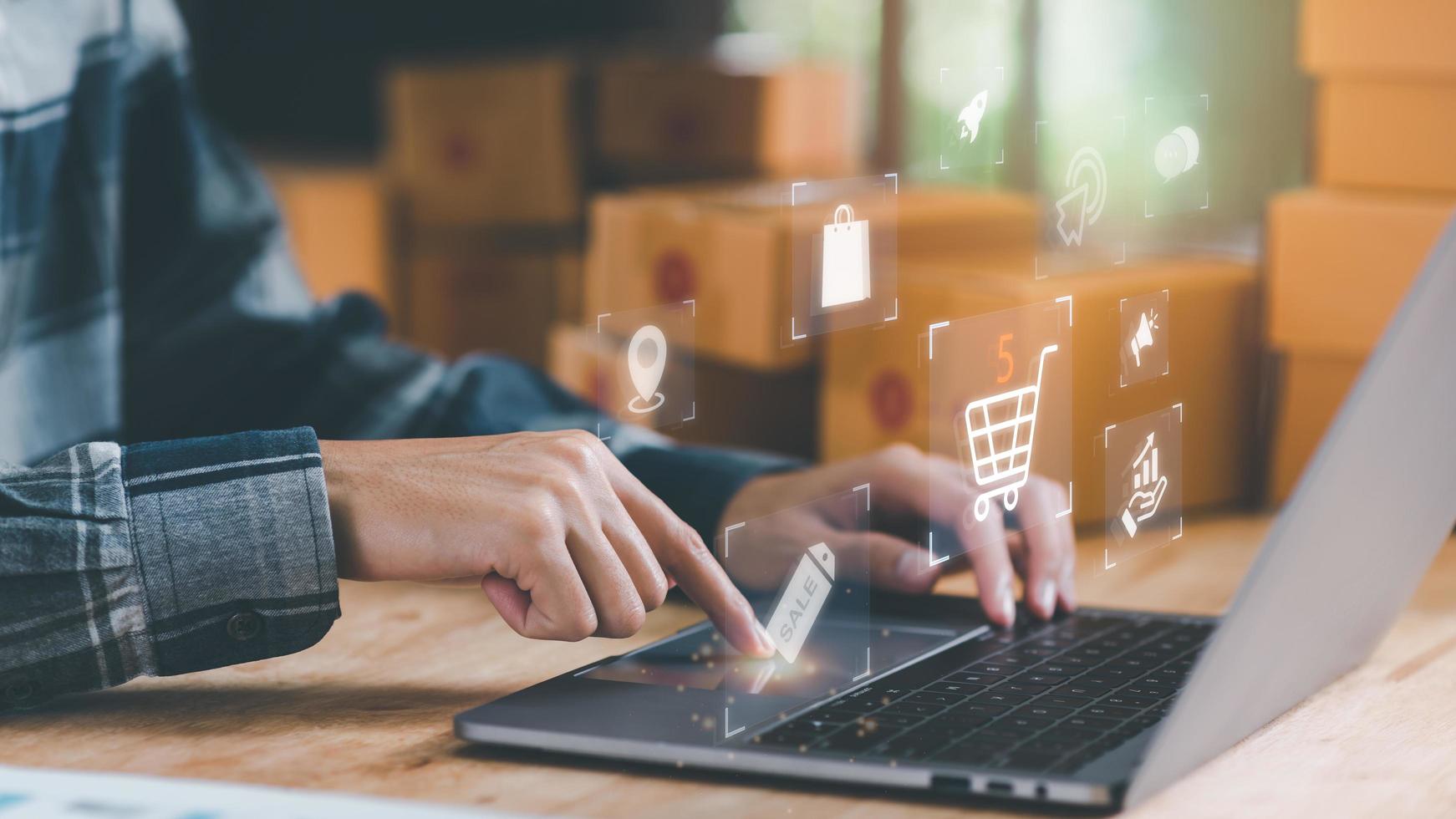 Startup Analyzing and examining online product sales business reports ,with charts and market statistics ,shopping cart and promotional items ,management and auditing of documents ,E-commerce concept photo