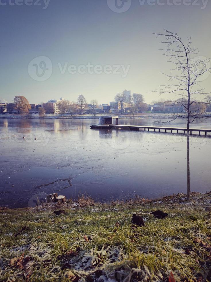 invierno paisaje con congelado lago y ciudad en el antecedentes. foto