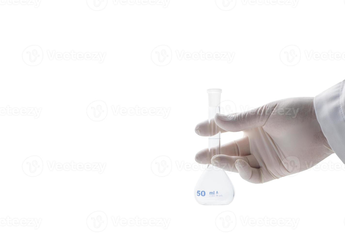 hand scientist wearing rubber gloves and hold 50 ml. Erlenmeyer flasks isolated photo