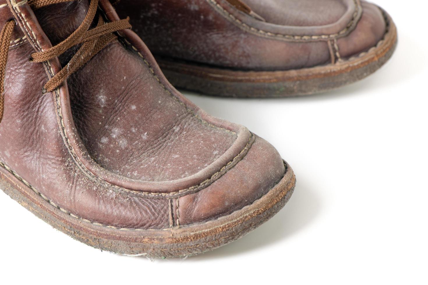 Fungus on brown leather boots shoes isolated on white photo